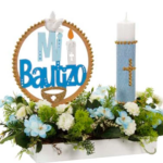 Arreglo de mesa para bautizo con vela